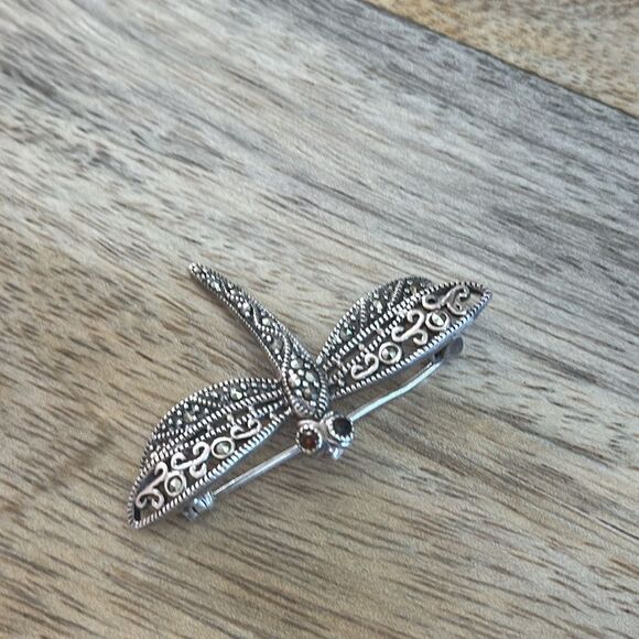 Vintage Dragonfly Sterling Silver 925 Marcasite & Crystal Pin - Picture 4 of 5